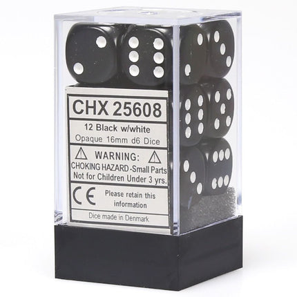 d6 Cube 16mm Opaque Black with White (12)